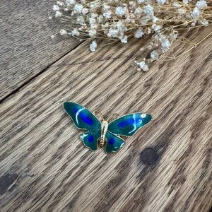 Gold Butterfly Brooch - Green & Blue Enamel